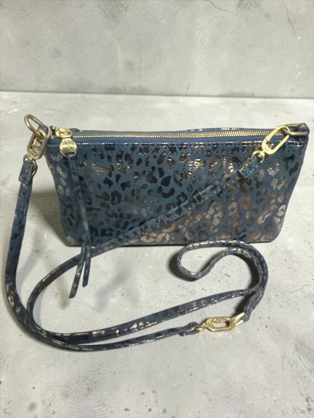 HOBO Darcy Crossbody Blue Mirror Cheetah Print Leather 3-way Bag Party Clutch NW